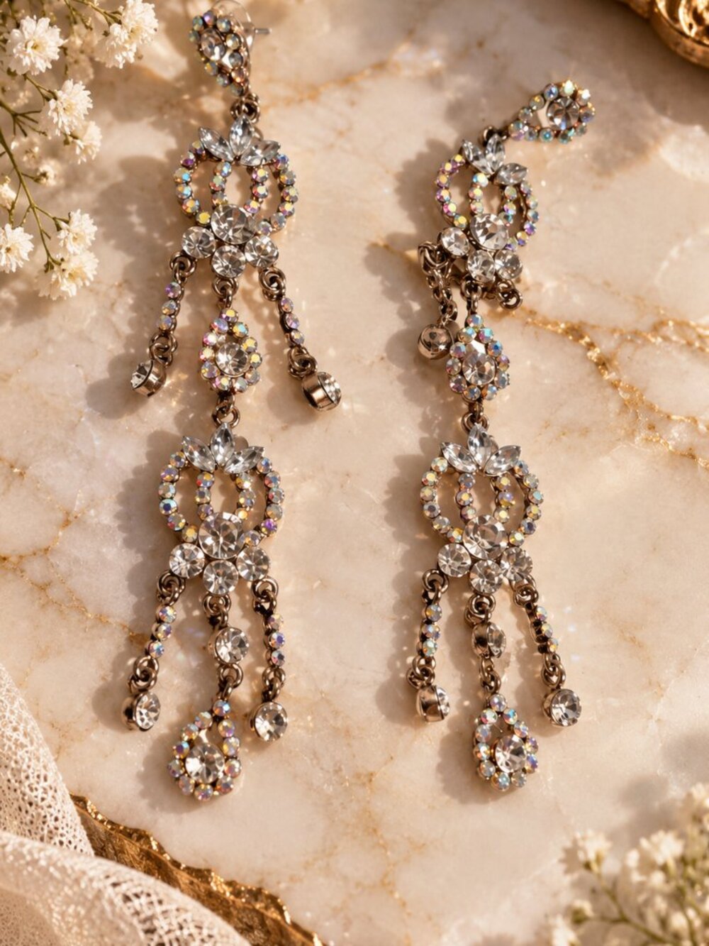 Long Rhinestone Chandelier Earrings with Iridescent Crystals